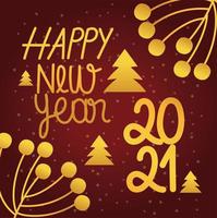 Frohes neues Jahr 2021, Einladungskarte mit Bäumen und Stechpalme-Beeren-Gold-Design vektor