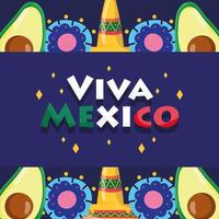 mexikanischer Unabhängigkeitstag, Avocado-Hüte-Blumen-Schriftzug, Viva Mexiko wird im September gefeiert vektor