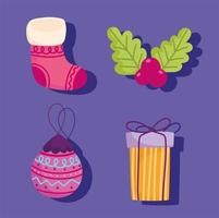 Frohe Weihnachten, Set Icons Geschenk Ball Socke und Holly Berry vektor