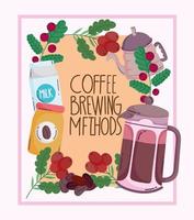 kaffebryggningsmetoder, vintage affisch med vattenkokare mjölk och ram med korn vektor