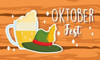 oktoberfest festival, trä banderoll öl och hatt med fjäder, firande tyskland traditionella vektor