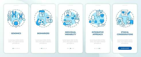 Präzision Medizin Konzepte Blau Onboarding Handy, Mobiltelefon App Bildschirm. Komplettlösung 5 Schritte editierbar Grafik Anleitung mit linear Konzepte. ui, ux, gui Vorlage vektor