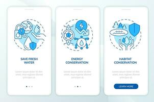 Wasser Erhaltung Ziele Blau Onboarding Handy, Mobiltelefon App Bildschirm. Komplettlösung 3 Schritte editierbar Grafik Anleitung mit linear Konzepte. ui, ux, gui Vorlage vektor