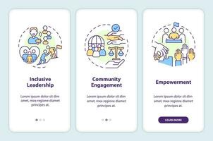 skapa inklusive miljö onboarding mobil app skärm. genomgång 3 steg redigerbar grafisk instruktioner med linjär begrepp. ui, ux, gui mall vektor