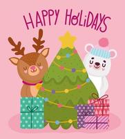 Frohe Weihnachten, süße Bären-Rentier-Baum-Geschenke Feier, frohe Feiertage-Karte vektor