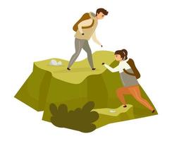 Paar Kletterhügel flache Farbvektorillustration. Mann und Frau auf Berggipfel. Bergsteigen auf Felsen. Wanderer auf Expedition. Tourist isolierte Zeichentrickfigur auf weißem Hintergrund vektor