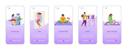 glückliche Schwangerschaft beim Onboarding der mobilen App-Bildschirmvektorvorlage. schwangere frau helfen. Schwangerschaftsvorsorge. Walkthrough-Website-Schritte mit flachen Zeichen. ux, ui, gui Smartphone-Cartoon-Schnittstellenkonzept vektor