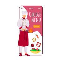 Wählen Sie den Menü-Cartoon-Smartphone-Vektor-App-Bildschirm. Handy-Display mit flachem Charakterdesign des Küchenchefs. Restaurant, Catering-Service. Telefonschnittstelle der Essensbestellungsanwendung vektor