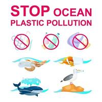 Stoppen Sie die Plastikverschmutzung in den flachen Konzeptikonen des Ozeans. Meerestiere, die in Müllaufklebern gefangen sind, Cliparts-Pack. Naturschutz. Abfall im Ozean. isolierte Cartoon-Illustrationen auf weißem Hintergrund vektor