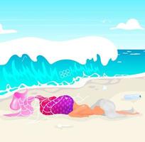 Meerjungfrau gefangen in Fishnet Flat Vector Illustration. Plastikverschmutzung, Ozeanverschmutzungsproblem. Naturschäden. ökologische Katastrophe. tote Fantasy-Kreatur am Strand-Cartoon-Charakter
