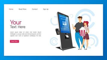 Ticket-Kiosk-Landing-Page-Vektorvorlage. Kino-Self-Service-Maschine-Website-Schnittstellenidee mit flachen Illustrationen. Layout der Homepage für kostenpflichtige Unterhaltungsgeräte. Webbanner mit moderner Technologie vektor