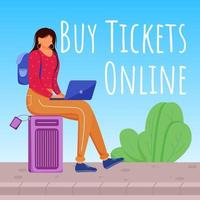 Kaufen Sie Tickets online in sozialen Medien nach dem Modell. Reservierung im Internet vornehmen. Designvorlage für Werbebanner. Social-Media-Booster, Inhaltslayout. Werbeplakat, Anzeigen mit flachen Illustrationen vektor