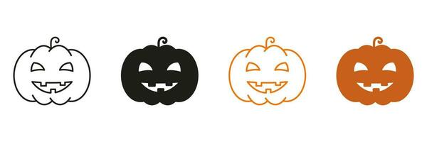 Halloween Kürbis Linie und Silhouette Symbol Satz. unheimlich Jack Laterne zum Feier von 31 Oktober Piktogramm. Kürbis Gesicht, Halloween Dekoration schwarz und Farbe Symbole. isoliert Vektor Illustration.