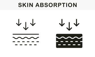 hud absorption linje och silhuett svart ikon uppsättning. pilar ner, hud näring begrepp symbol samling. genomslag av uv stråle till hud piktogram. isolerat vektor illustration.