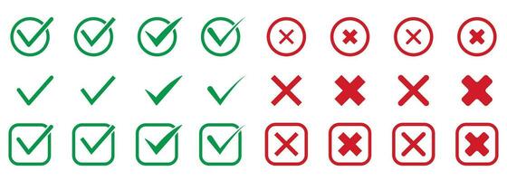 kolla upp märke, bock och korsa röd och grön silhuett ikon uppsättning. bock piktogram. rätt och fel, avvisa och acceptera fast tecken. korrekt och felaktig symbol samling. isolerat vektor illustration.