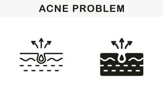 hud acne, finne, comedo piktogram. smutsig hud problem symbol samling. pormask och inflammation talg linje och silhuett svart ikon uppsättning. isolerat vektor illustration.