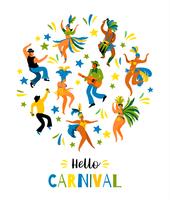 Brasilien Karneval. Vector Illustration von lustigen Tanzenmännern und -frauen in den hellen Kostümen.