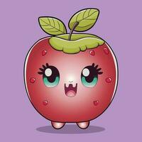 süß Chibi Karikatur Apfel mit Augen und ein Grün Blatt vektor