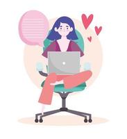 Home-Office-Arbeitsplatz, Frau sitzt auf einem Stuhl mit Laptop-SMS-Nachrichten vektor