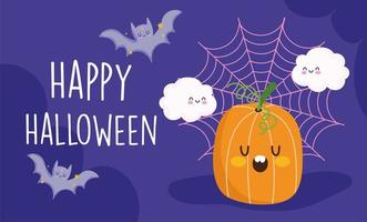 lycklig halloween, söta pumpa moln spindelnät och fladdermöss trick eller behandla fest firande vektor