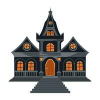 halloween dyster grå hus med trappa, orange fönster och en dörr. gotik arkitektur i platt stil. tecknad serie besatt hus. vektor illustration.