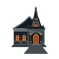 Kirche mit Turm im eben Stil. Halloween gespenstisch dunkel Haus. Karikatur gotisch die Architektur. Vektor Illustration.