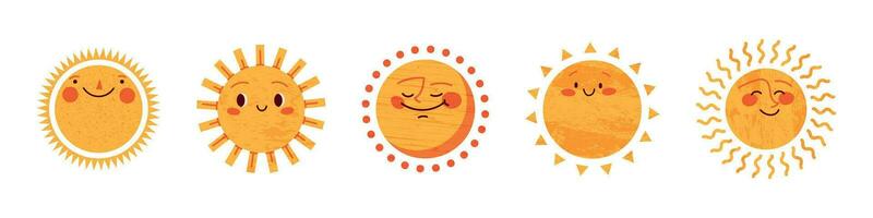 Sol ikon, söt solsken med en Lycklig leende. sommar klotter karaktär, solig ansikte för ungar, hand dragen emoji, och glad morgon- skiss. platt vektor illustrationer isolerat i bakgrund.