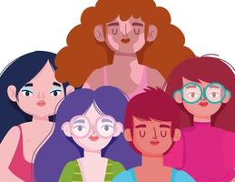 perfekt unvollkommene, junge Cartoon-Frauen mit unterschiedlichen Hauttypen vektor