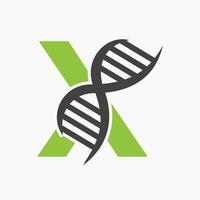 Brief x DNA Logo Design Konzept mit DNA Zelle Symbol. Gesundheit Pflege Symbol vektor