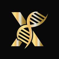 Brief x DNA Logo Design Konzept mit DNA Zelle Symbol. Gesundheit Pflege Symbol vektor