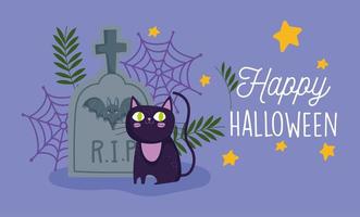 Happy Halloween, schwarze Katze Grabstein Fledermaus Spinnennetz Sterne Süßes oder Saures Partyfeier vektor