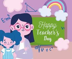 glücklicher Lehrertag, schöner Lehrerschüler mit Tafel und Regenbogen vektor