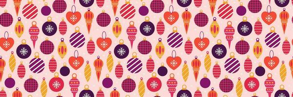 jul sömlös mönster med jul träd leksaker och snöflingor. vektor festlig bakgrund
