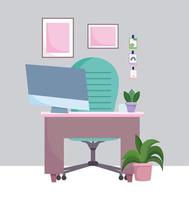 hemmakontor arbetsplats skrivbord med dator stol växter och bilder vektor
