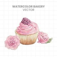 vattenfärg bageri muffin med bär och blommor vektor