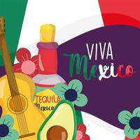 mexikanischer Unabhängigkeitstag, Tequila-Gitarren-Avocado-Blumen-Flaggenhintergrund, Viva Mexiko wird im September gefeiert vektor