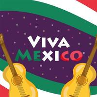 Mexikanska självständighetsdagen, gitarrer flagga prickad bakgrund, viva mexico firas september vektor
