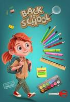 Välkommen tillbaka till skola barn skol med ryggsäck och anteckningsblock, penna, färger, linjal, sax, förstoringsglas, suddgummi, papper klämma, penna pennvässare, vattenfärg, borsta leveranser vektor