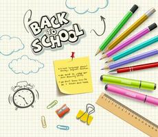 Välkommen tillbaka till skola med ryggsäck och anteckningsblock, penna, färger, linjal, sax, förstoringsglas, suddgummi, papper klämma, penna pennvässare, vattenfärg, borsta leveranser vektor