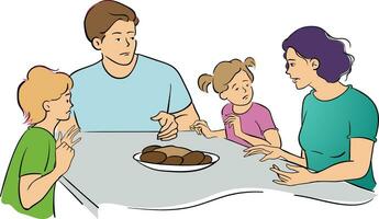 Eltern und Kinder Sitzung beim das Tabelle reden vektor