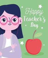 Happy Teachers Day, Lehrerin Cartoon und Apfel vektor