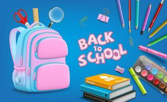 Välkommen tillbaka till skola ryggsäck främre tillbaka Allt vinklar linjal förstoringsglas orange vattenfärg rosa blå vektor