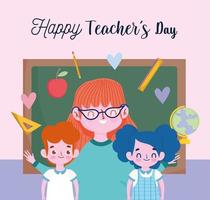 glad lärares dag, söt lärare med leende barn i klassrummet vektor