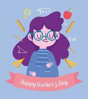 glücklicher Lehrertag, Lehrerkarikatur mit Schulsymbolen vektor