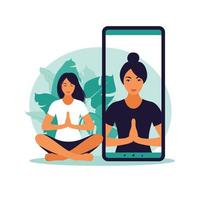 Yoga-Online-Konzept mit gesunder Frau, die zu Hause Yoga-Übungen mit Online-Lehrer macht. Wellness und gesunde Lebensweise zu Hause. Frau macht Yoga-Übungen. Vektor-Illustration. vektor