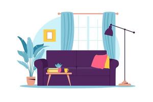 Innenraum des Wohnzimmers mit Möbeln. modernes Sofa mit Minitisch. flacher Cartoon-Stil. Vektor-Illustration. vektor