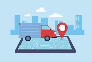 Lieferwagen befördert Lieferung an Menschen, Smartphone-Logistik-App vektor