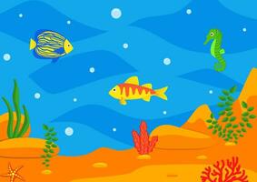 tecknad serie under vattnet landskap. hav och hav under vattnet, spel nivå vektor bakgrund med korall rev och marin djur. under vattnet botten med alger, sjöstjärna och fisk