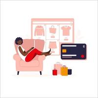 Afrikanische Frauen, die online auf Laptop einkaufen. Vektor-Illustration. Zahlung im Online-Shop. Bankkreditkarten. digitale Bezahltechnologie. E-Zahlung. moderne Vektorillustration des flachen Stils lokalisiert auf Weiß. vektor