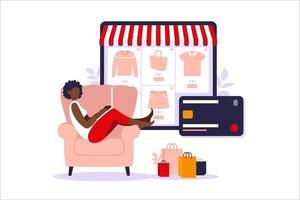 Afroamerikanerfrau, die online auf Laptop kauft. Vektor-Illustration. Zahlung im Online-Shop. Bankkreditkarte. digitale Bezahltechnologie. E-Zahlung. moderne Vektorillustration des flachen Stils. vektor